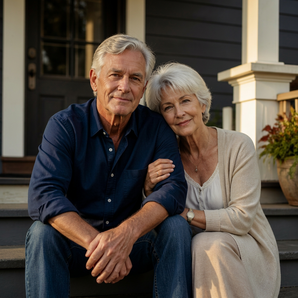 A warm, dignified couple in their late 60s sitting together on the front porch of their home — representing homeowners age 62+ exploring reverse mortgage options